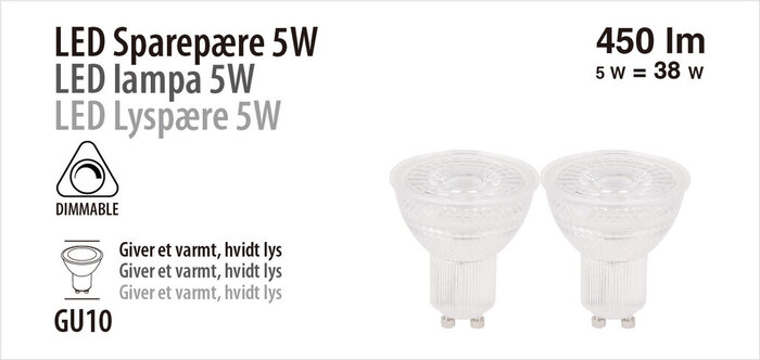 LED-spotpære 5 W GU10 dimbare - 2-pk.